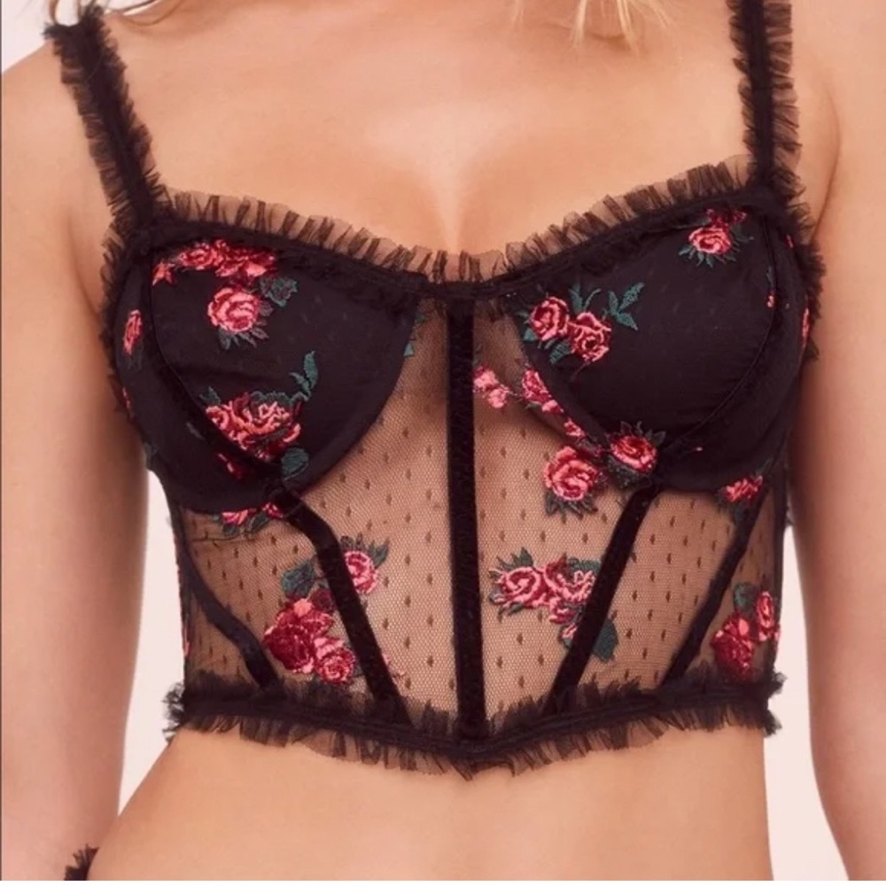 For Love And Lemons Black Floral Mesh Crop Top